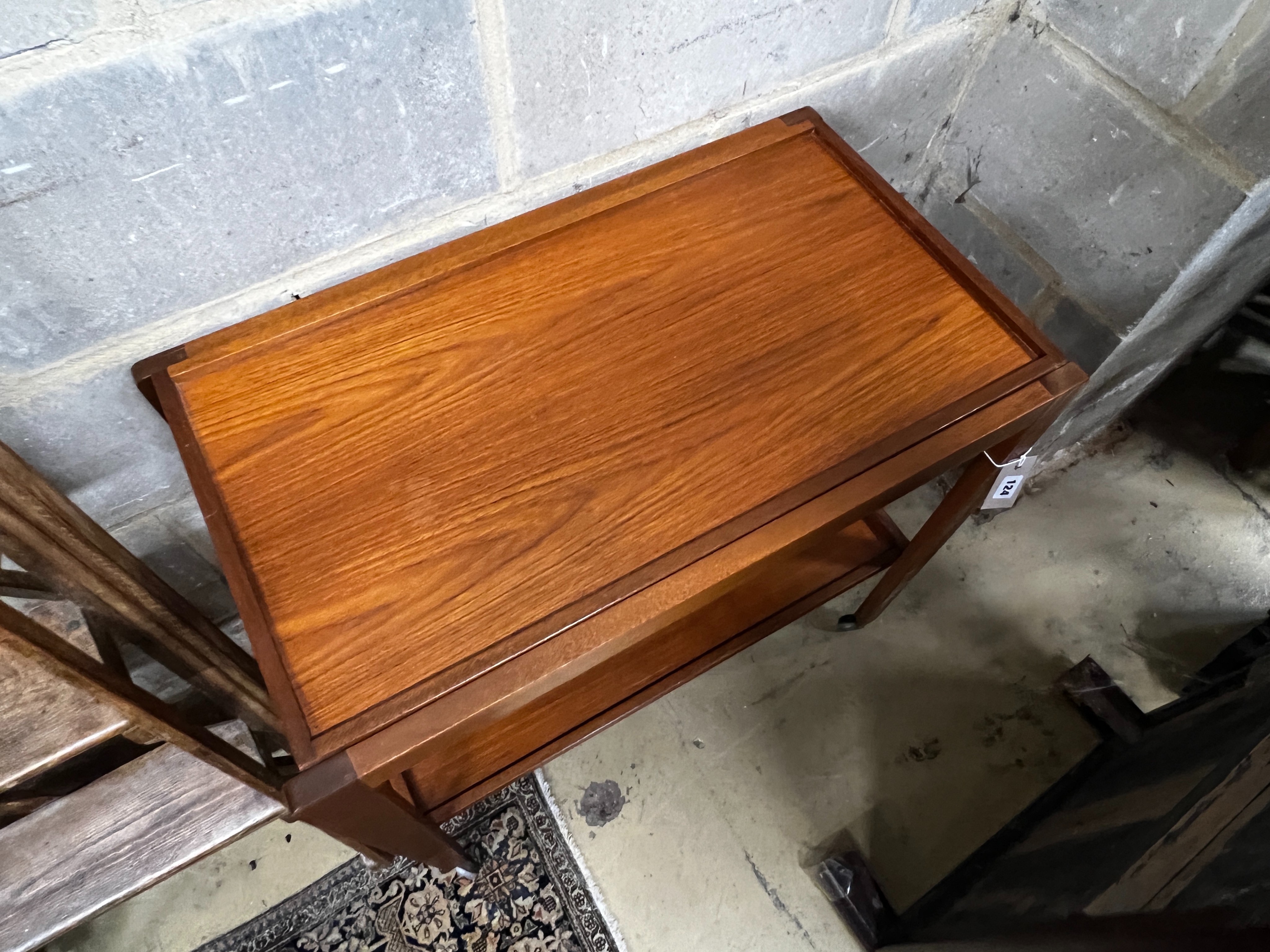 A Remploy teak two tier tea trolley, width 71cm, depth 41cm, height 68cm